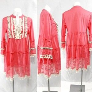 Victorian Boho Chic Festival Fringe Tiered Lace Embroidered Tunic Dress  Large